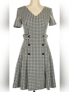 DKNY Gingham Plaid Fit & Flare A-Line Dress Black White V-Neck Size 8